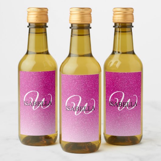Gepersonaliseerd roze glitter Ombre Name Monogram Wijn Etiket (Flessen)