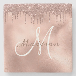 Gepersonaliseerd Roze Gouden Glitter Monogram Op M Stenen Onderzetter
