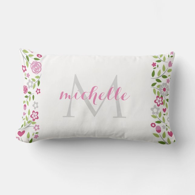 Gepersonaliseerd roze groen monogram patroon kussen (Voorkant)