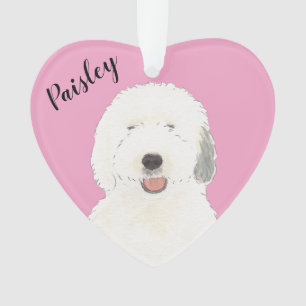 Gepersonaliseerd Roze Hart Oud Engels Sheepdog Ornament