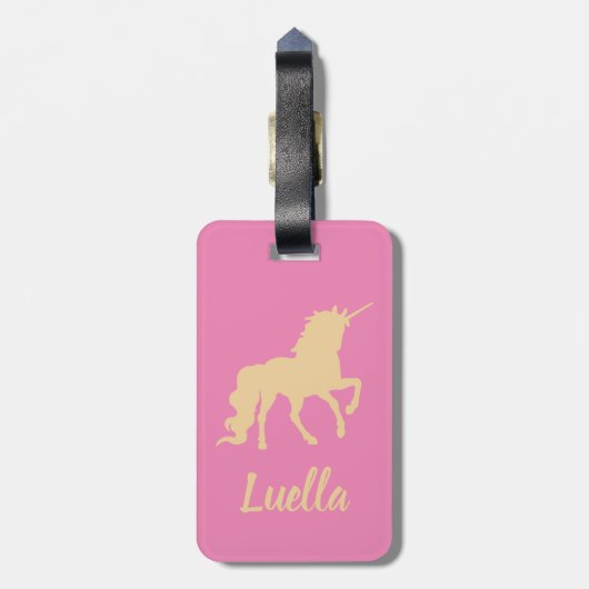 Gepersonaliseerd roze Kinder Unicorn bagagelabel (Achterkant verticaal)