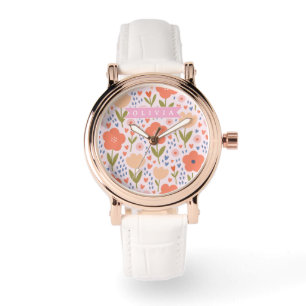Gepersonaliseerd roze nordisch leuk volks bloemmot horloge