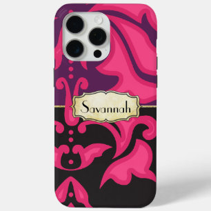 Gepersonaliseerd roze Paarse zwart damast patroon iPhone 15 Pro Max Hoesje
