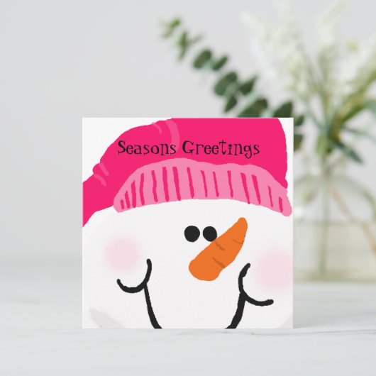 Gepersonaliseerd roze Snowman-feestkaart Feestdagenkaart (Staand voorkant)