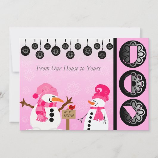 Gepersonaliseerd roze Snowman Joy Holiday-kaart Feestdagenkaart (Voorkant)