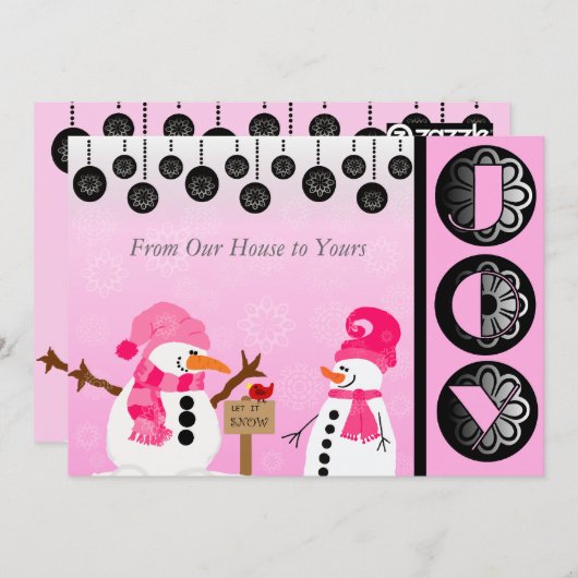 Gepersonaliseerd roze Snowman Joy Holiday-kaart Feestdagenkaart (Voorkant / Achterkant)