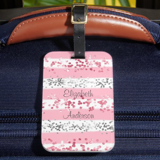 Gepersonaliseerd roze witte grijze zilver glitter bagagelabel (Voorkant Insitu 2)