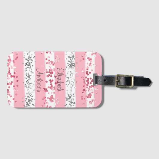 Gepersonaliseerd roze witte grijze zilver glitter bagagelabel (Voorkant (horizontaal))
