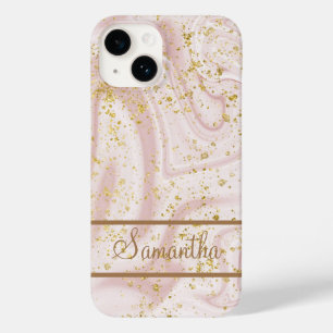Gepersonaliseerd roze witte marmer Gold Glitter Case-Mate iPhone 14 Hoesje