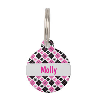 Gepersonaliseerd Roze & Zwart Argyle Paw Print Huisdierpenning