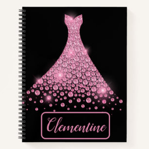 Gepersonaliseerd roze zwart glitter Gown-zakboek Notitieboek
