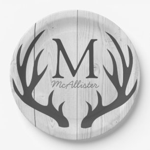 Gepersonaliseerd - Rustic Grey Deer Antlers White  Papieren Bordje