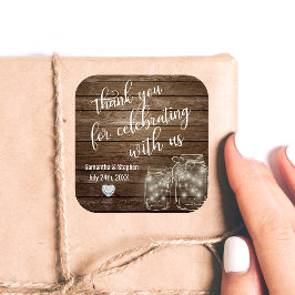 Gepersonaliseerd Rustic Mason Jars Wood Hearts Wed Vierkante Sticker