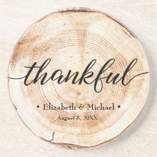 Gepersonaliseerd Rustic Wood Disc Thankful Wedding Zandsteen Onderzetter