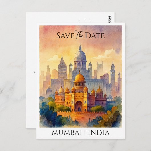 Gepersonaliseerd Save the Date Mumbai Waterverf Briefkaart (Voorkant / Achterkant)