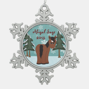 Gepersonaliseerd Schattige Bruin Paard met Hartste Tin Sneeuwvlok Ornament