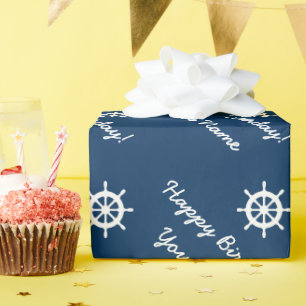 Gepersonaliseerd scheepskarakter blauw en wit cadeaupapier