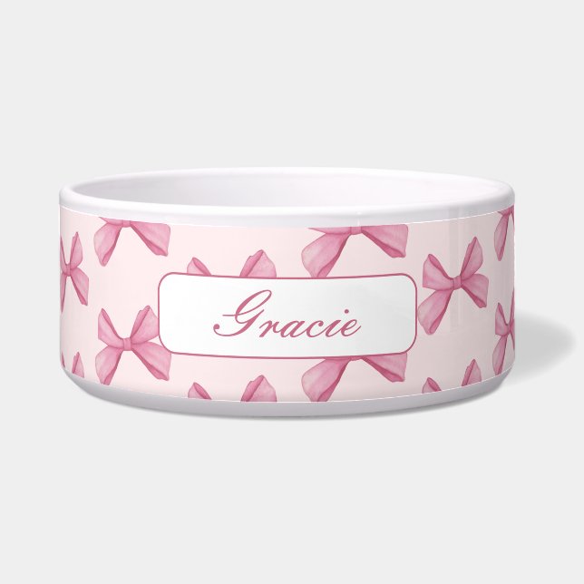 Gepersonaliseerd script Pink Bow Dog Voerbakje (Voorkant)