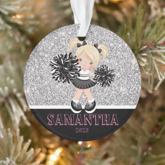Gepersonaliseerd Silver & Black Cheerleading Ornam Ornament (Boom)