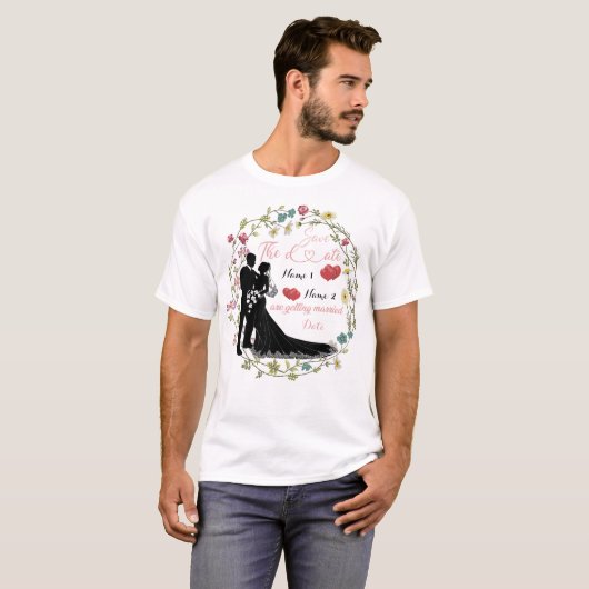 Gepersonaliseerd sparen de datum wij worden getrou t-shirt (Voorkant volledig)