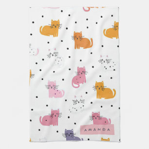 Gepersonaliseerd speels kattenpatroon met Polka Do Theedoek