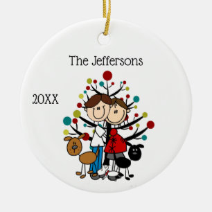 Gepersonaliseerd verwacht koppel met 3 honden keramisch ornament