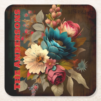 GEPERSONALISEERD  VICTORIAANS SCRAP FLORAL VIERKANTE KARTONNEN ONDERZETTER