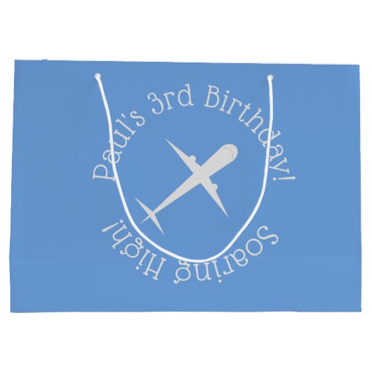Gepersonaliseerd vliegtuig op blauw, stijgend hoog groot cadeauzakje (Achterkant)