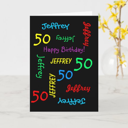 Gepersonaliseerd Wenskaart 50th Birthday, zwart Kaart (Gele Bloem)