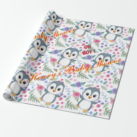 Gepersonaliseerd whimsical Blu Penguin inpakpapier (Uitgerold)