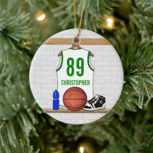 Gepersonaliseerd White Green Basketball Jersey Keramisch Ornament