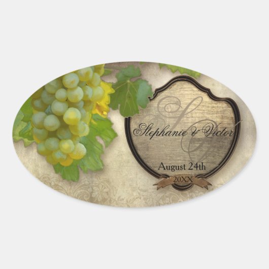 Gepersonaliseerd Wijnflesetiket Chardonnay Grapes  Ovale Sticker (Voorkant)