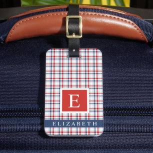 Gepersonaliseerd wit blauw rood geruit patroon bagagelabel