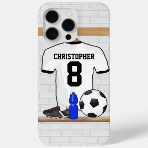 Gepersonaliseerd wit zwart Football Soccer Jersey iPhone 15 Pro Max Hoesje