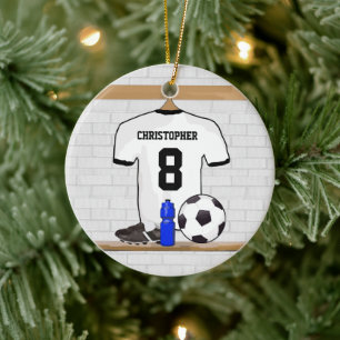 Gepersonaliseerd wit zwart Football Soccer Jersey Keramisch Ornament