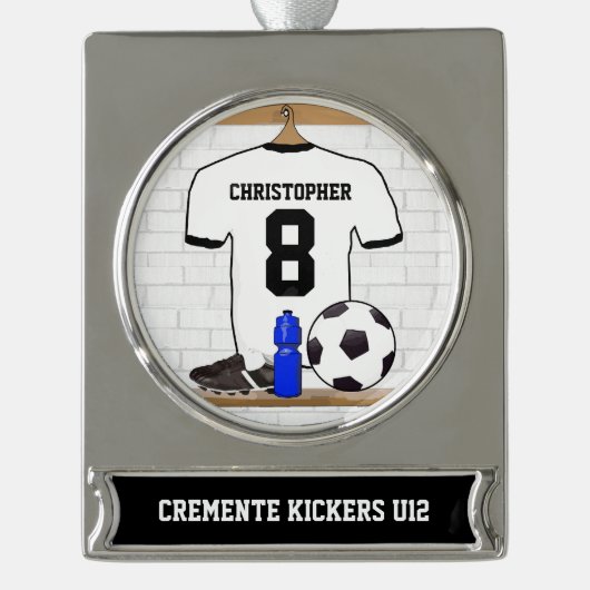 Gepersonaliseerd wit zwart Football Soccer Jersey Verzilverd Banner Ornament (Voorkant)