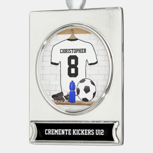 Gepersonaliseerd wit zwart Football Soccer Jersey Verzilverd Banner Ornament (Links)