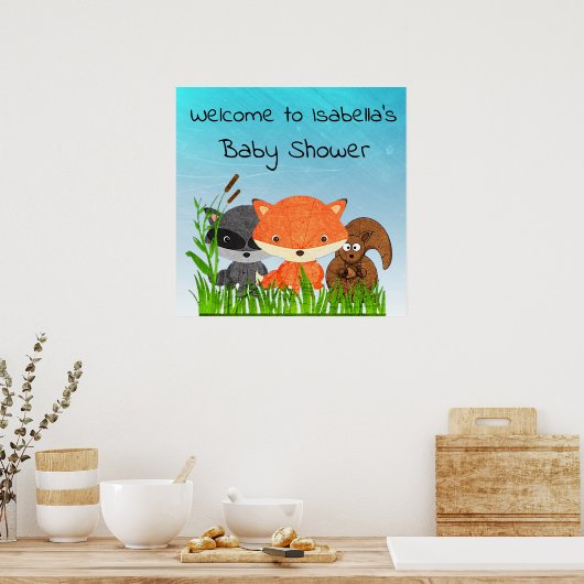 Gepersonaliseerd Woodland Creatures Baby shower Po Poster (Keuken)