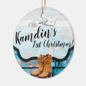 Gepersonaliseerd XMAS Ornament Blauw Houten Schuur (Links)
