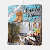 Gepersonaliseerd XMAS Ornament Blauw Houten Schuur (Links)