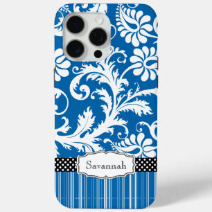 Gepersonaliseerd Zee Blauw Damast en Streep iPhone 15 Pro Max Hoesje