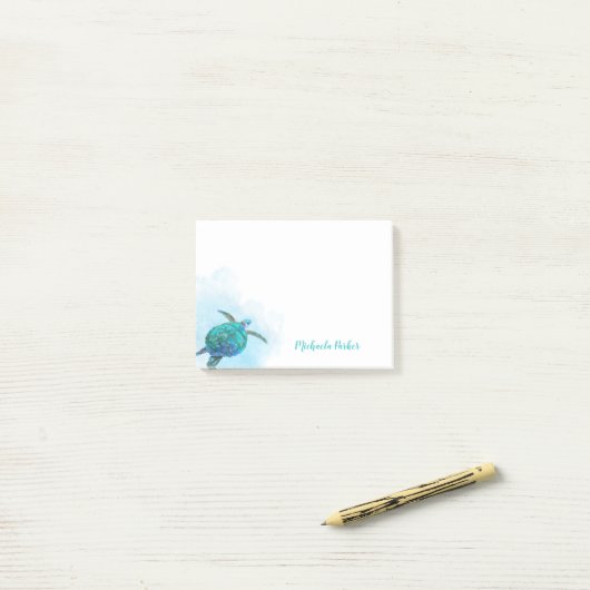 Gepersonaliseerd Zee Schildpad Waterverf Aqua Blue Post-it® Notes (Op bureau)