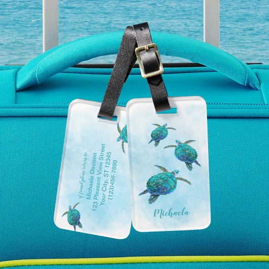 Gepersonaliseerd Zee Turtles Ocean Waterverf Bagagelabel