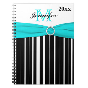 Gepersonaliseerd zwart Aqua White Striped Notitieb Notitieboek