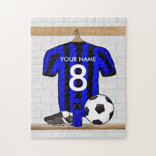 Gepersonaliseerd zwart en blauw Football Soccer Je Legpuzzel