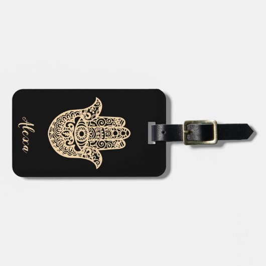 Gepersonaliseerd zwart geluk geschenk hamsa hand bagagelabel (Voorkant horizontaal)