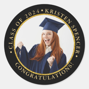 Gepersonaliseerd zwart Gold Afstuderen foto-Afstud Ronde Sticker