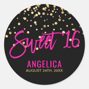Gepersonaliseerd zwart Gold Hot Pink Sweet SIXTEEN Ronde Sticker