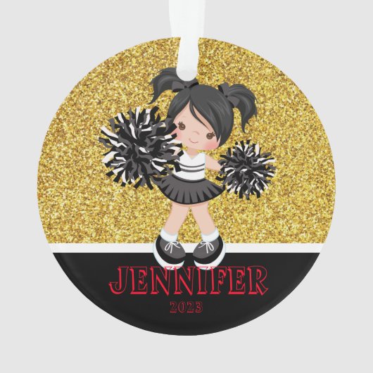 Gepersonaliseerd Zwart & Goud Cheerleading Ornamen Ornament (achterkant)