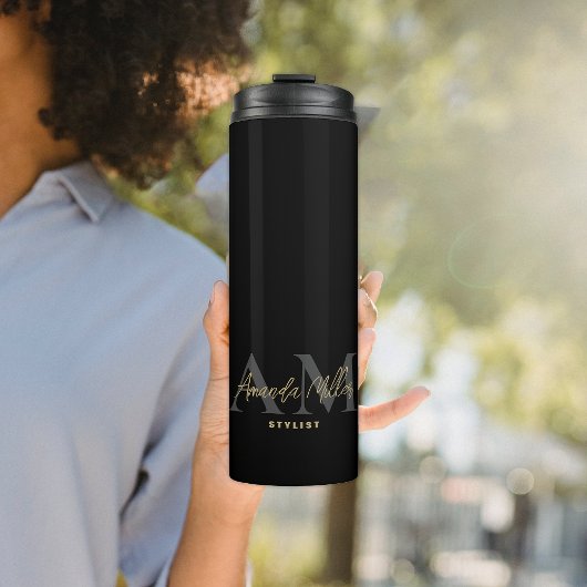 Gepersonaliseerd zwart goud modern monogram minima thermosbeker